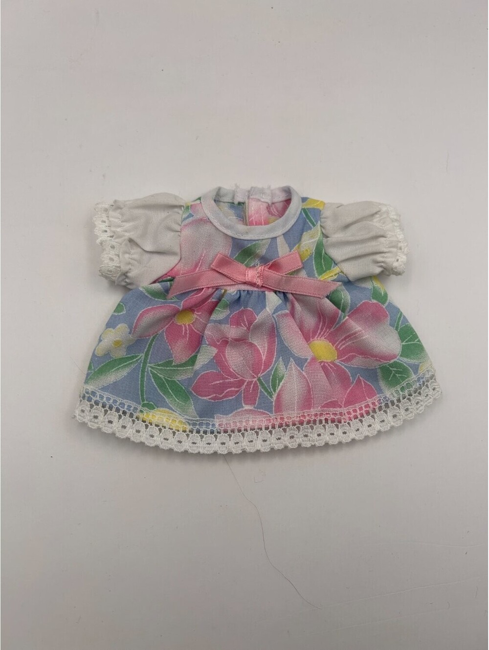 Vintage Doll Dress Floral Print Pastel Pink Blue White Puff Sleeve Lace Trim